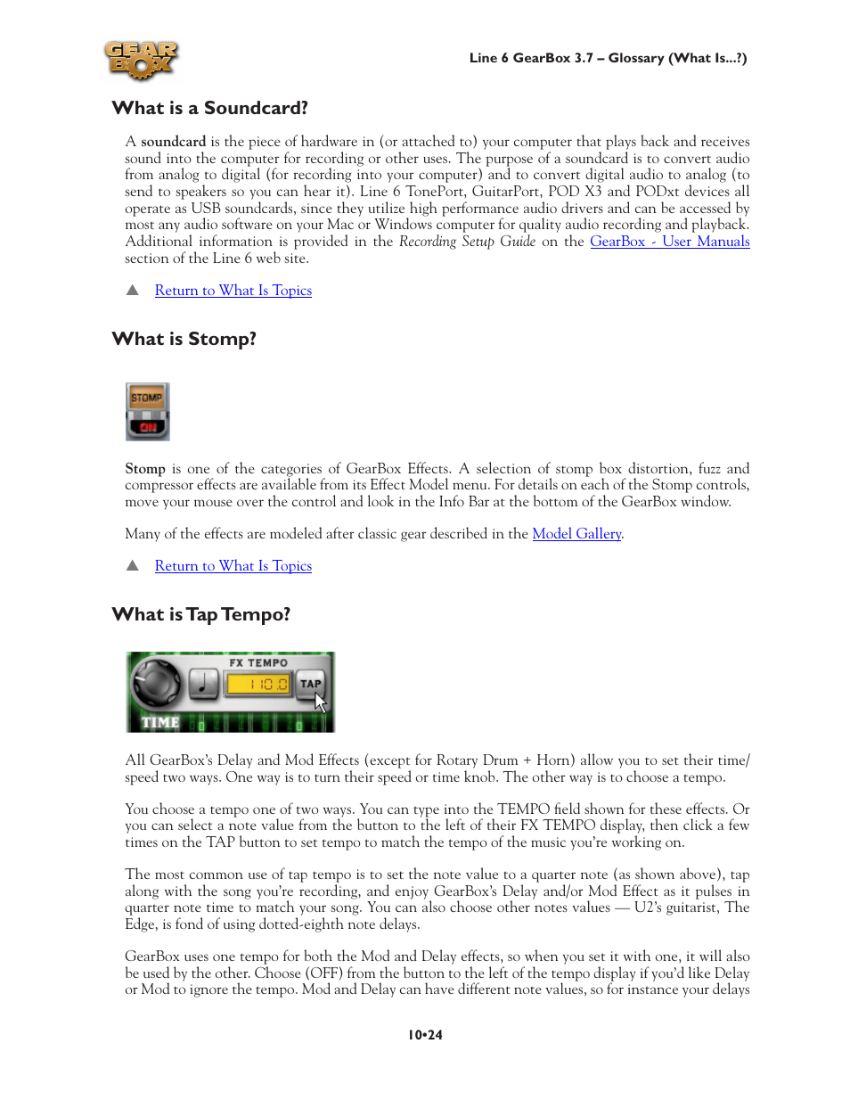 What is a soundcard, What is stomp, What is tap tempo | Line 6 3.7 User Manual | Page 208 / 223