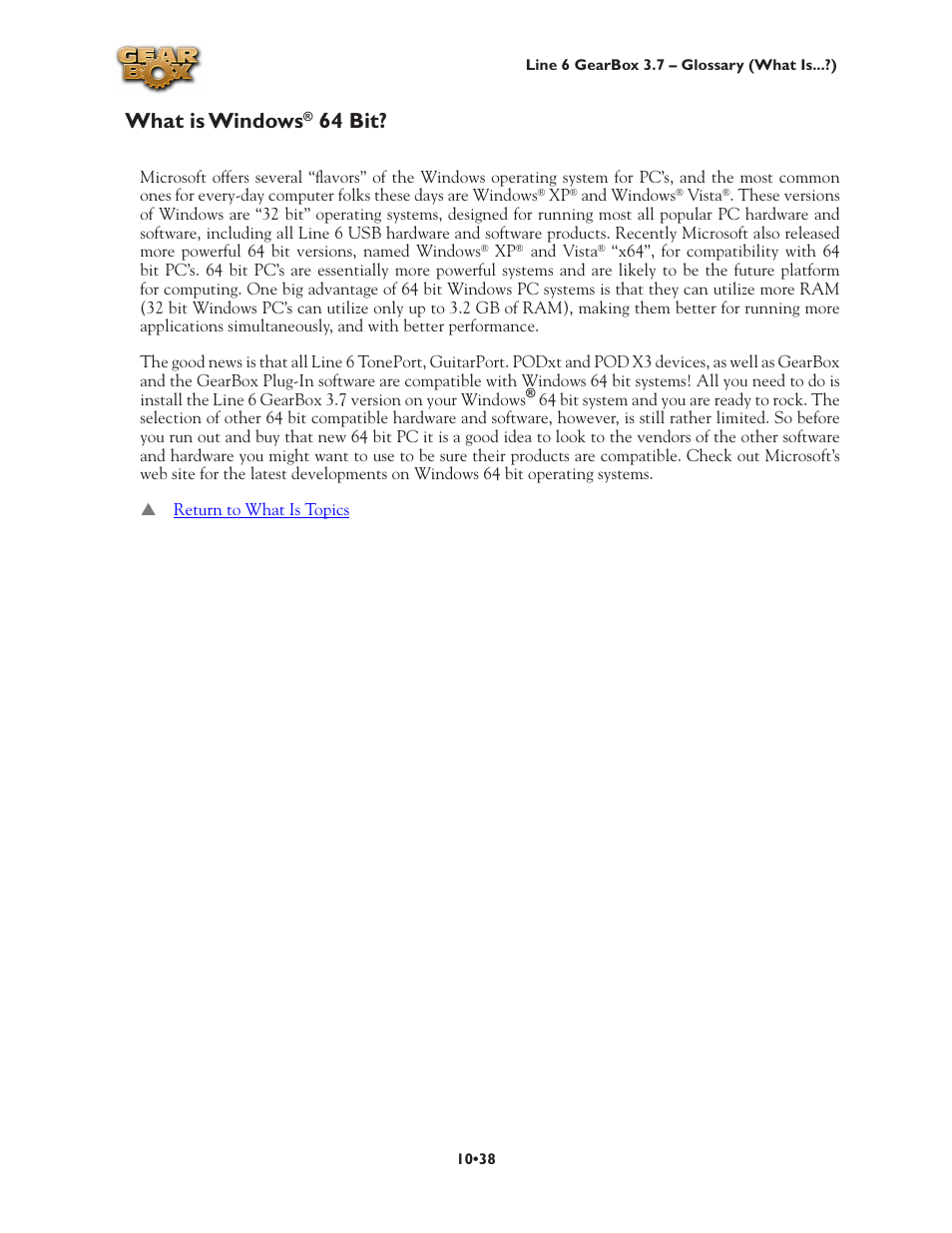 What is windows, 64 bit? •38, 64 bit | Line 6 3.7 User Manual | Page 222 / 223
