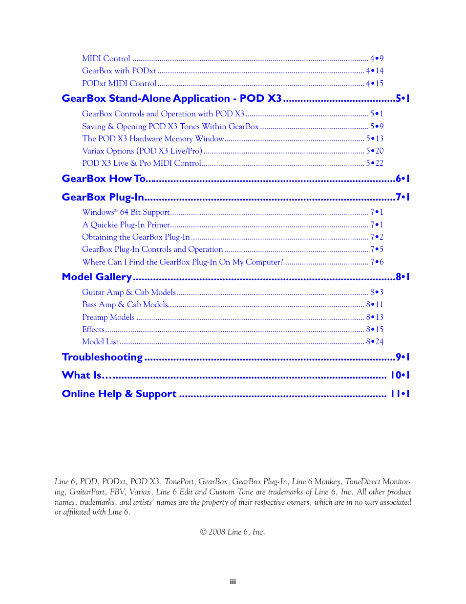 Gearbox stand-alone application - pod x3 •1, Gearbox how to •1 gearbox plug-in •1, Model gallery •1 | Line 6 3.7 User Manual | Page 3 / 223