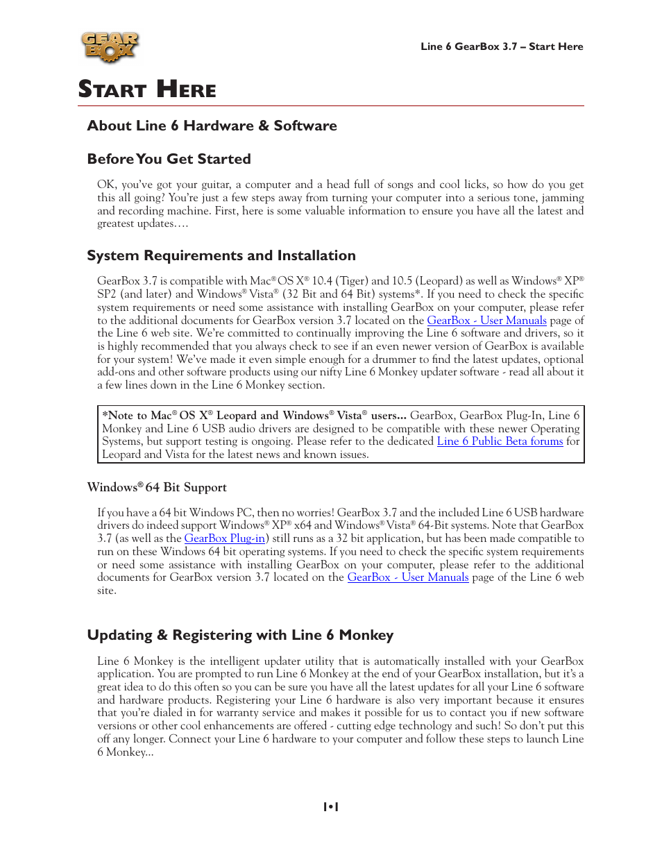Start here, About line 6 hardware & software, Before you get started | System requirements and installation, Windows® 64 bit support, Updating & registering with line 6 monkey, Windows, Bit support, Start here •1, 64 bit support •1 | Line 6 3.7 User Manual | Page 4 / 223