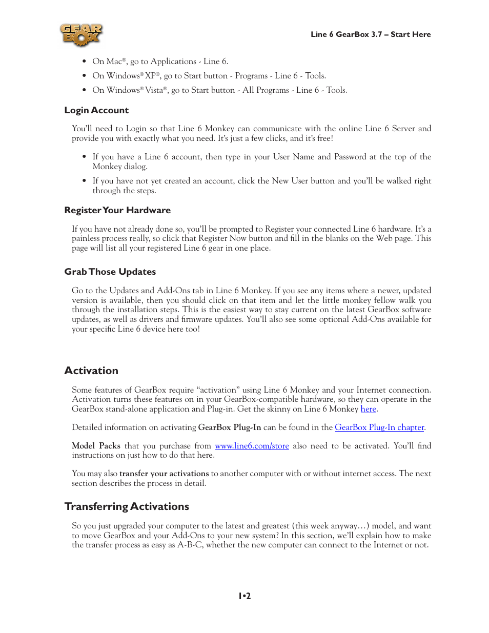 Activation, Transferring activations, Activation •2 transferring activations •2 | Line 6 3.7 User Manual | Page 5 / 223