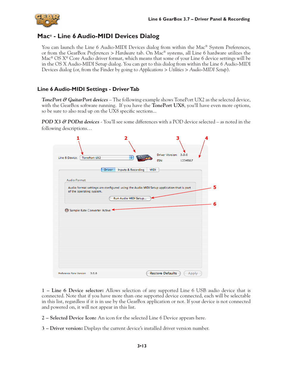 Mac® - line 6 audio-midi devices dialog, Line 6 audio-midi devices dialog •13, Line 6 audio-midi devices dialog | Line 6 3.7 User Manual | Page 57 / 223