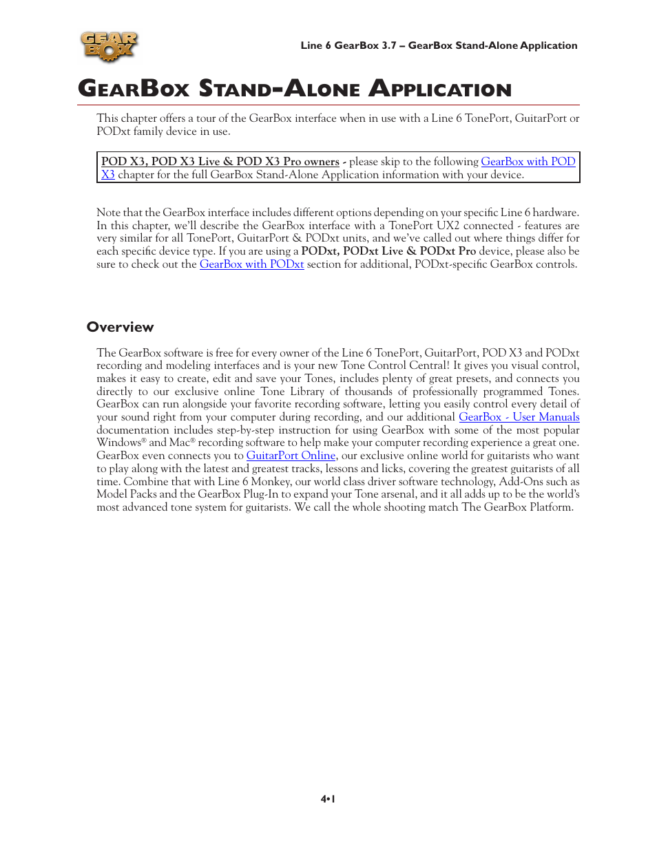 Gearbox stand-alone application, Overview, Stand-alone application | Gearbox stand-alone application •1, Overview •1, Tand, Lone, Pplication | Line 6 3.7 User Manual | Page 71 / 223