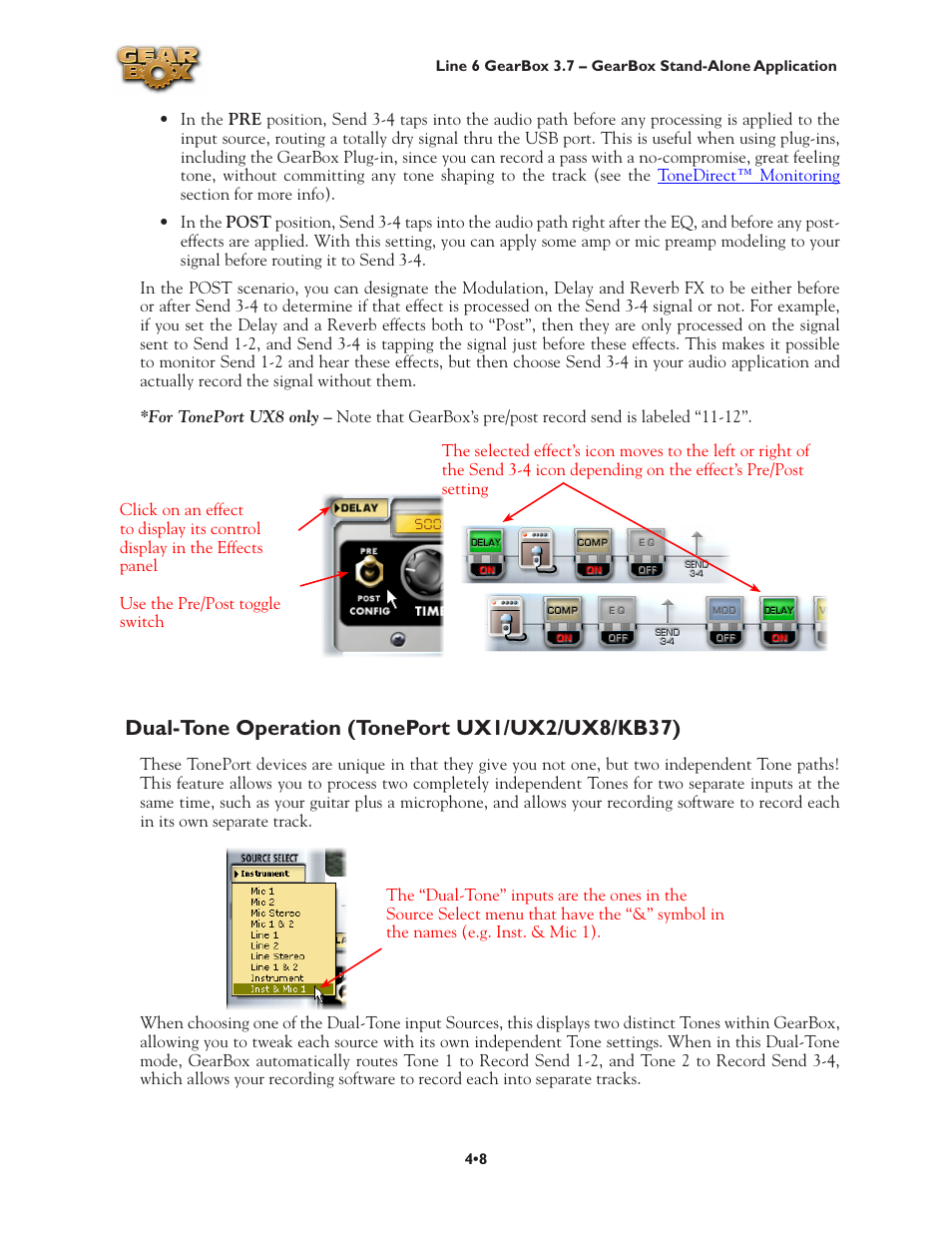 Dual-tone operation (toneport ux1/ux2/ux8/kb37), Dual-tone operation (toneport ux1/ux2/ux8/kb37) •8 | Line 6 3.7 User Manual | Page 78 / 223