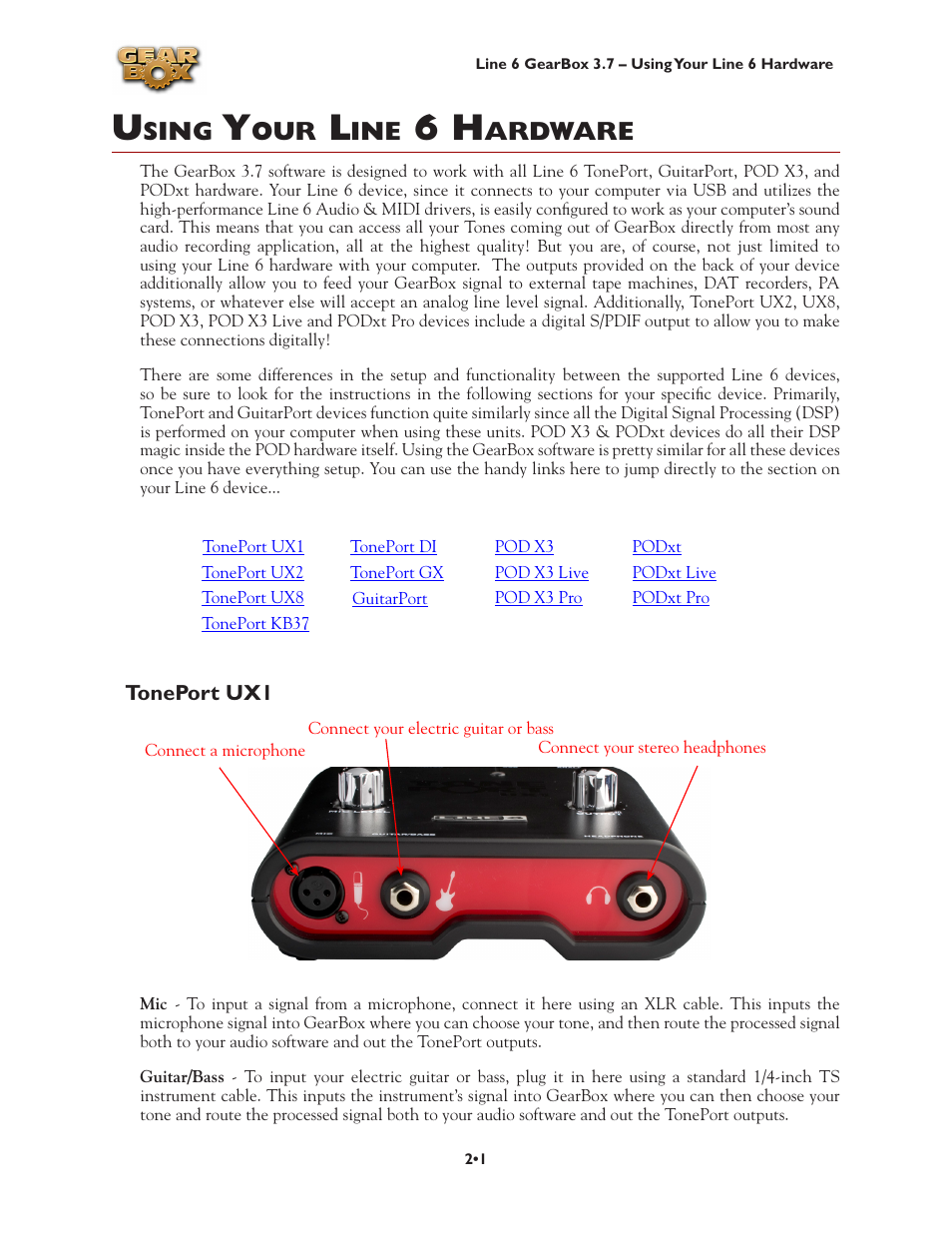 Using your line 6 hardware, Toneport ux1, Using your line 6 hardware •1 | Toneport ux1 •1, Sing, Ardware | Line 6 3.7 User Manual | Page 8 / 223