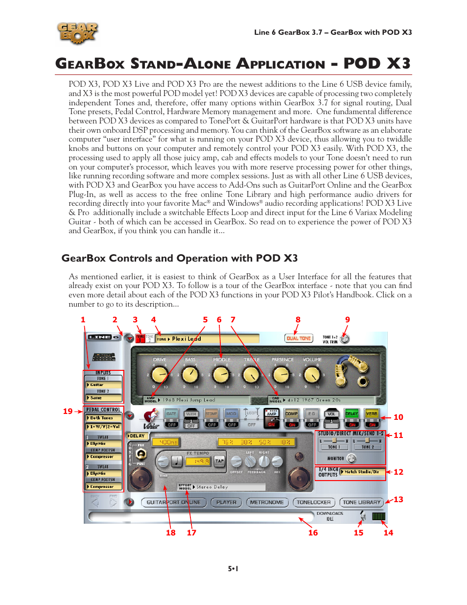 Gearbox stand-alone application - pod x3, Gearbox controls and operation with pod x3, Gearbox with pod x3 | Gearbox stand-alone application - pod x3 •1, Gearbox controls and operation with pod x3 •1, Following, Gearbox with pod, Pod x3 | Line 6 3.7 User Manual | Page 86 / 223