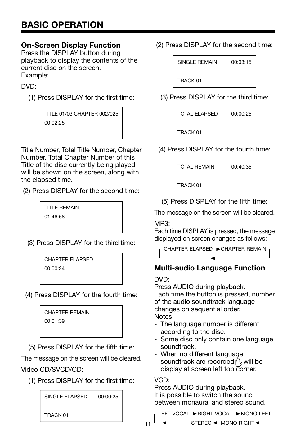 Basic operation, Multi-audio language function, On-screen display function | Legacy Car Audio LDVD35 User Manual | Page 11 / 20