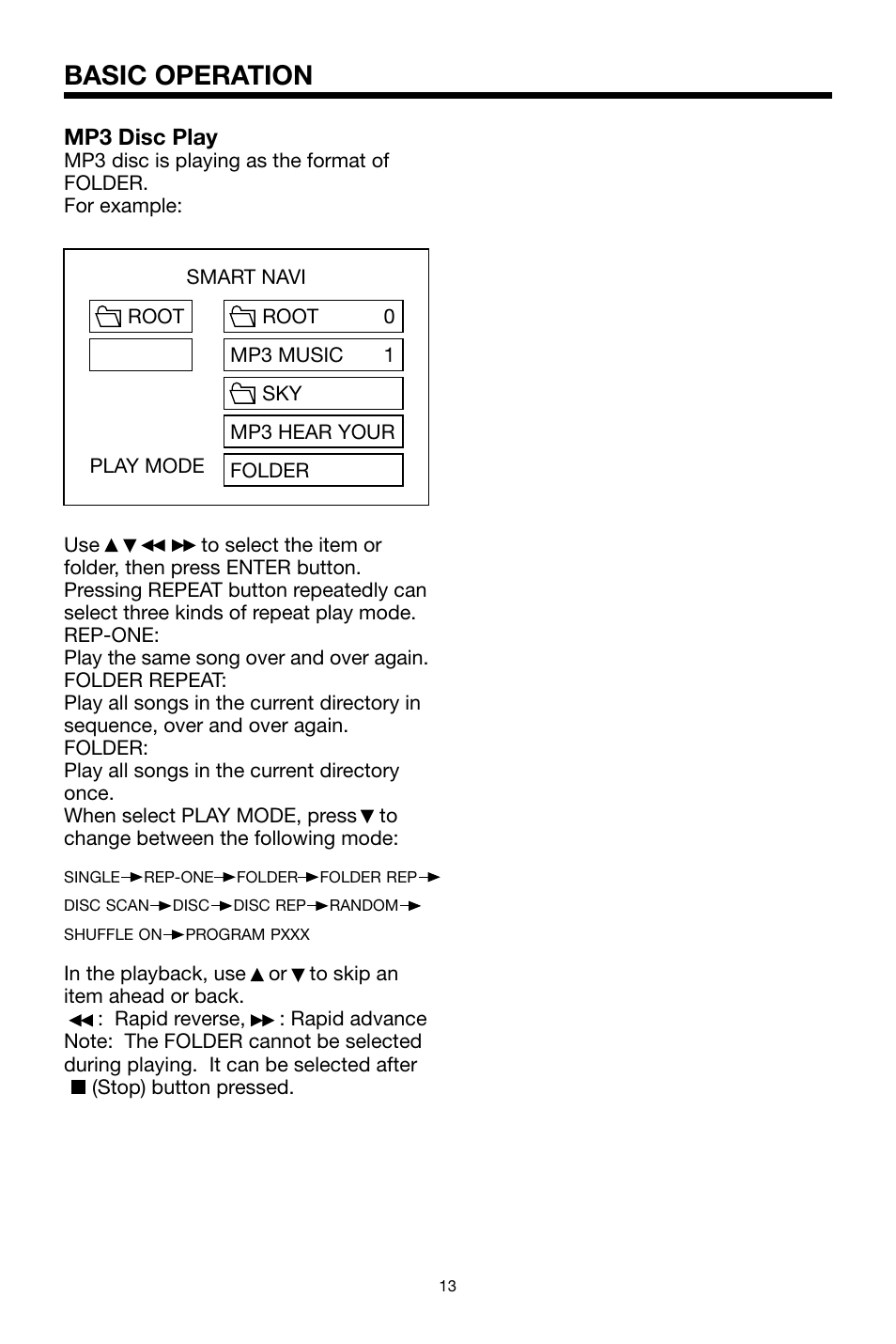Basic operation, Mp3 disc play | Legacy Car Audio LDVD35 User Manual | Page 13 / 20
