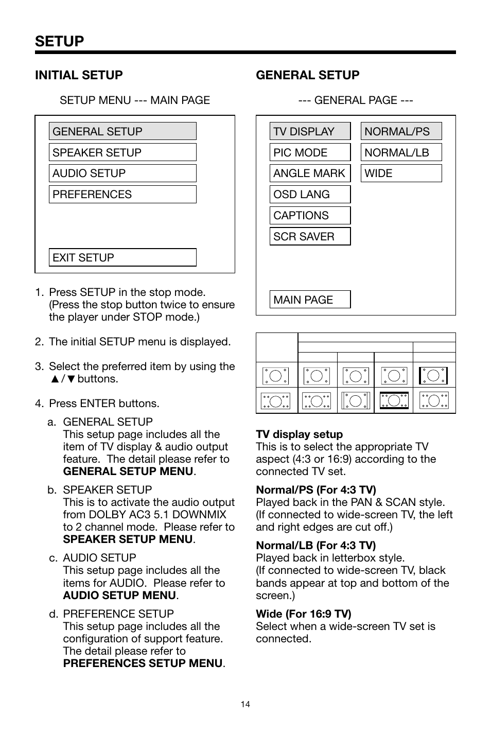 Setup, Initial setup, General setup | Legacy Car Audio LDVD35 User Manual | Page 14 / 20