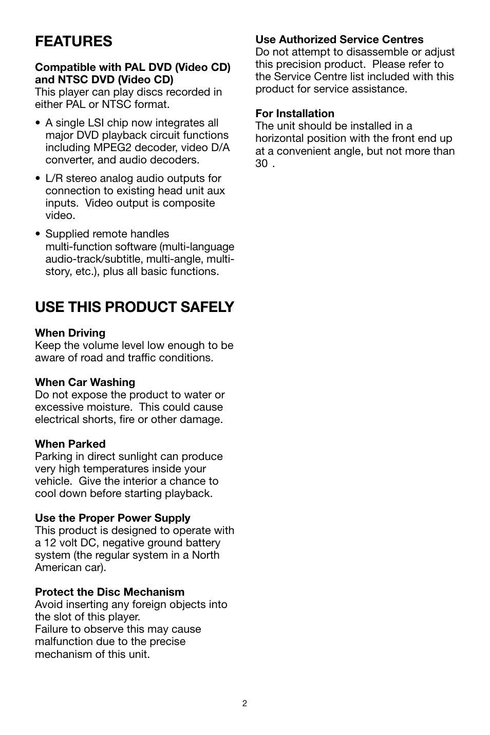 Features, Use this product safely | Legacy Car Audio LDVD35 User Manual | Page 2 / 20