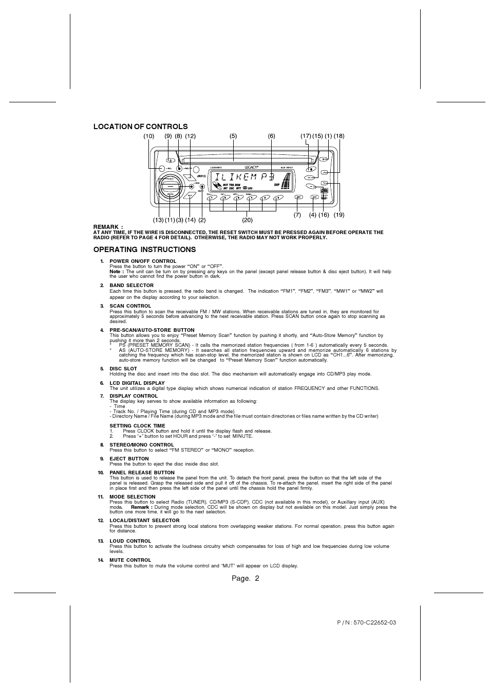 Page. 2, Operating instructions location of controls | Legacy Car Audio LCD95MP3 User Manual | Page 2 / 4