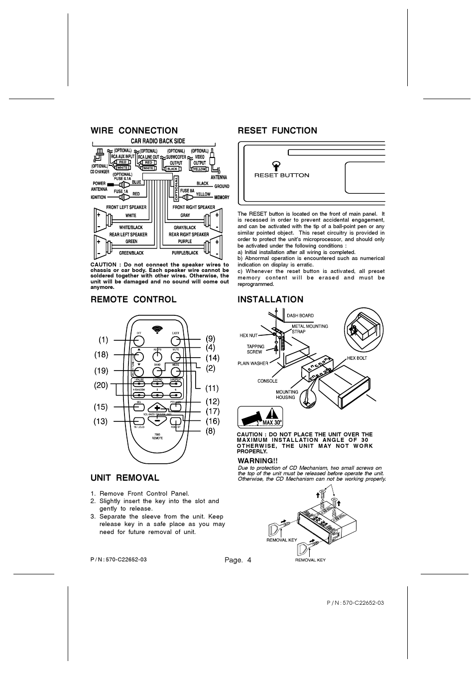 Reset function installation unit removal, Remote control, Wire connection | Legacy Car Audio LCD95MP3 User Manual | Page 4 / 4
