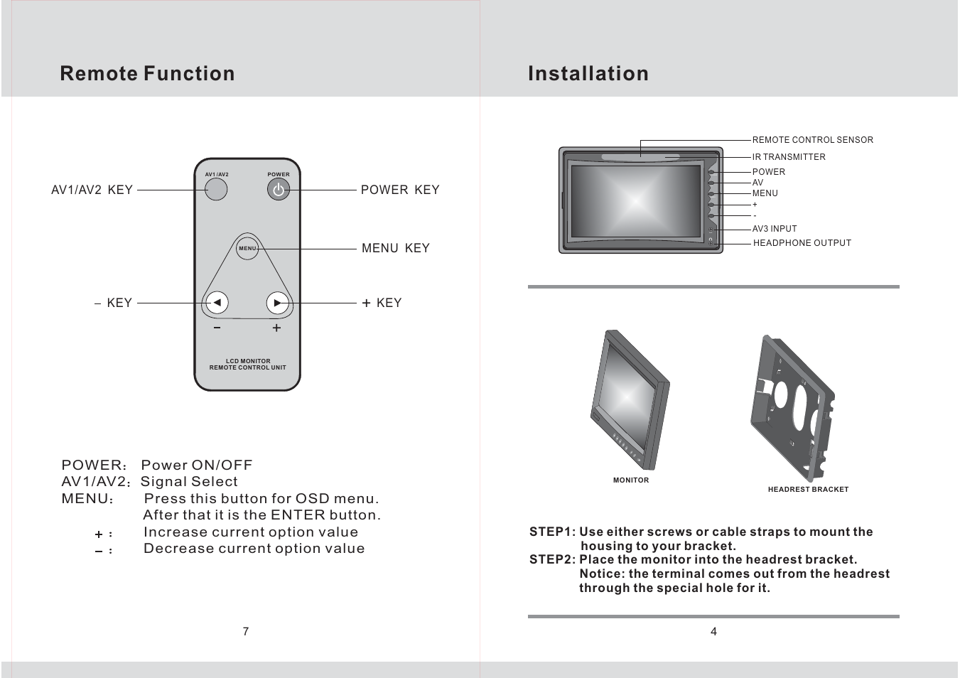 Installation, Remote function, Av menu av3 | Power | Legacy Car Audio L7HM User Manual | Page 5 / 6