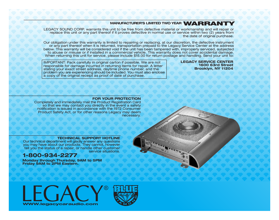 Warranty | Legacy Car Audio LA580 User Manual | Page 14 / 14