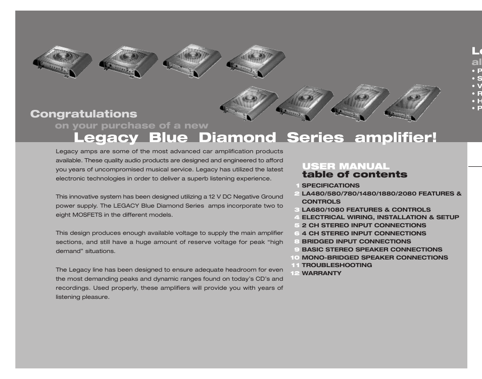 Legacy blue diamond series amplifier, On your purchase of a new, Al table of contents user manual | Legacy Car Audio LA580 User Manual | Page 2 / 14