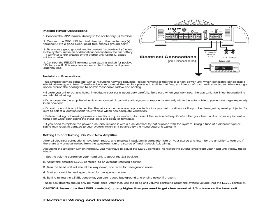 Electrical wiring and installation, Electrical connections (all models) | Legacy Car Audio LA580 User Manual | Page 6 / 14