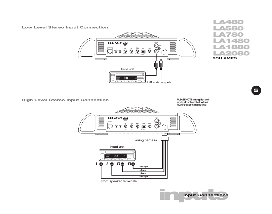 Inputs, Lr l r, Input connections | Wiring harness, 2ch amps, L/r audio outputs head unit | Legacy Car Audio LA580 User Manual | Page 7 / 14