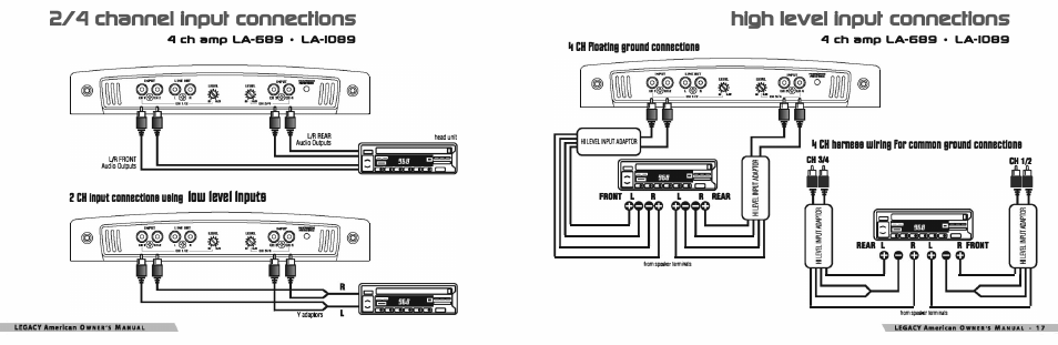 2/4 channel input connections .q ch, Input connections using, Floating ground connections | High level input connections .q ch, Harness wiring for cammon graund connections, Low levellnputa | Legacy Car Audio LA-789 User Manual | Page 10 / 14