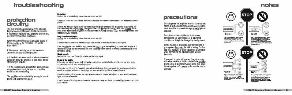 Troubleshooting p'rotectlon clrcultru, Precautions, Dne clulnnel works | Iidise, Audld, Again, Need to replace the power fuse, do so with a | Legacy Car Audio LA-789 User Manual | Page 14 / 14