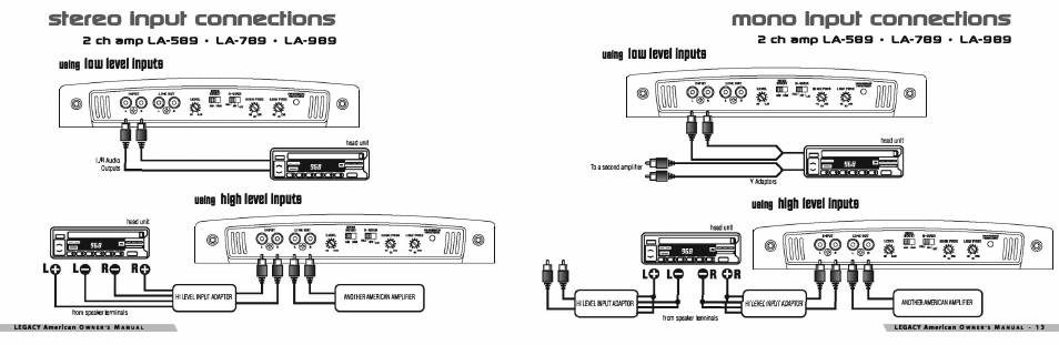 Stereo input connections 2 ch, La-ssg, La-7s9 | La-9s9 dalng, Dalng, Mono input connections 2 ch, Low ibvblinput!l, High ibvblinput!l | Legacy Car Audio LA-789 User Manual | Page 8 / 14