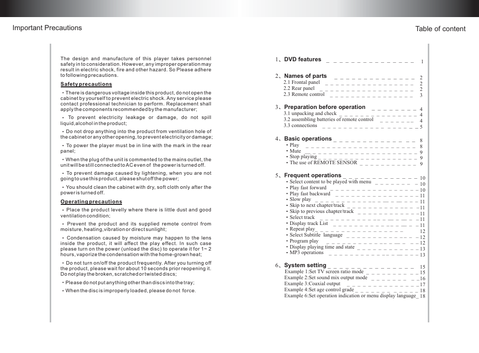 Table of content, Important precautions | Legacy Car Audio LDVD52 User Manual | Page 2 / 16