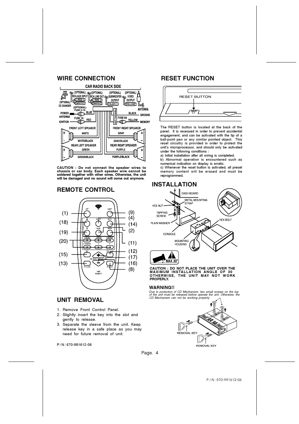 Wire connection, Reset function unit removal, Installation remote control | Legacy Car Audio LCD97DFX User Manual | Page 4 / 4