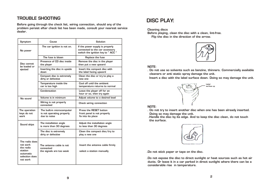 Disc play, Trouble shooting | Legacy Car Audio LCD69DSX User Manual | Page 3 / 6
