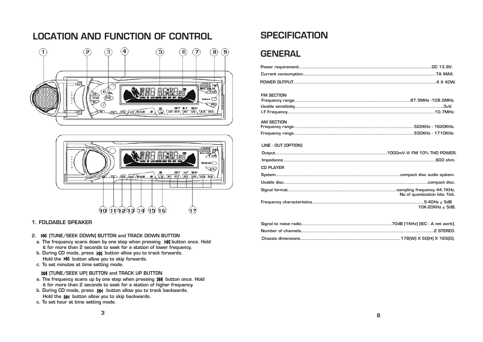 Location and function of control, Specification, General | Legacy Car Audio LCD69DSX User Manual | Page 4 / 6