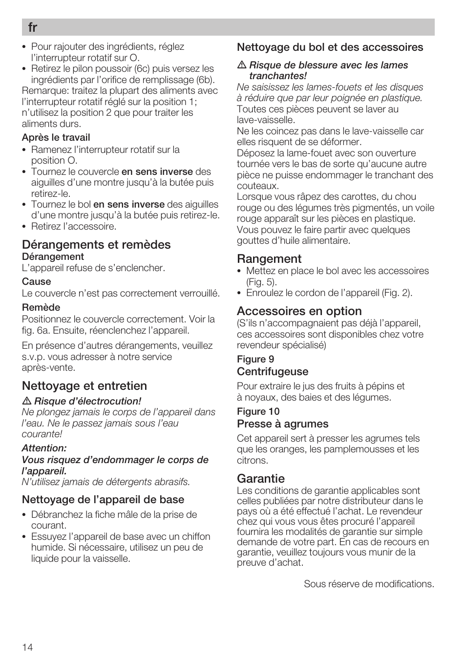 Dérangements et remèdes, Nettoyage et entretien, Rangement | Accessoires en option, Garantie | Bosch MCM 2006 User Manual | Page 16 / 95