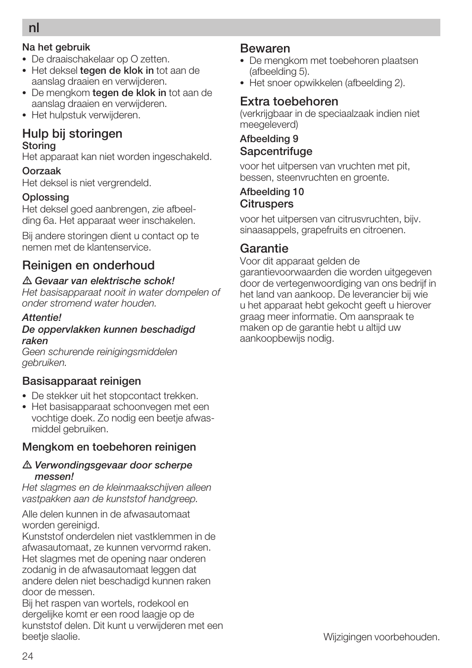 Hulp bij storingen, Reinigen en onderhoud, Bewaren | Extra toebehoren, Garantie | Bosch MCM 2006 User Manual | Page 26 / 95