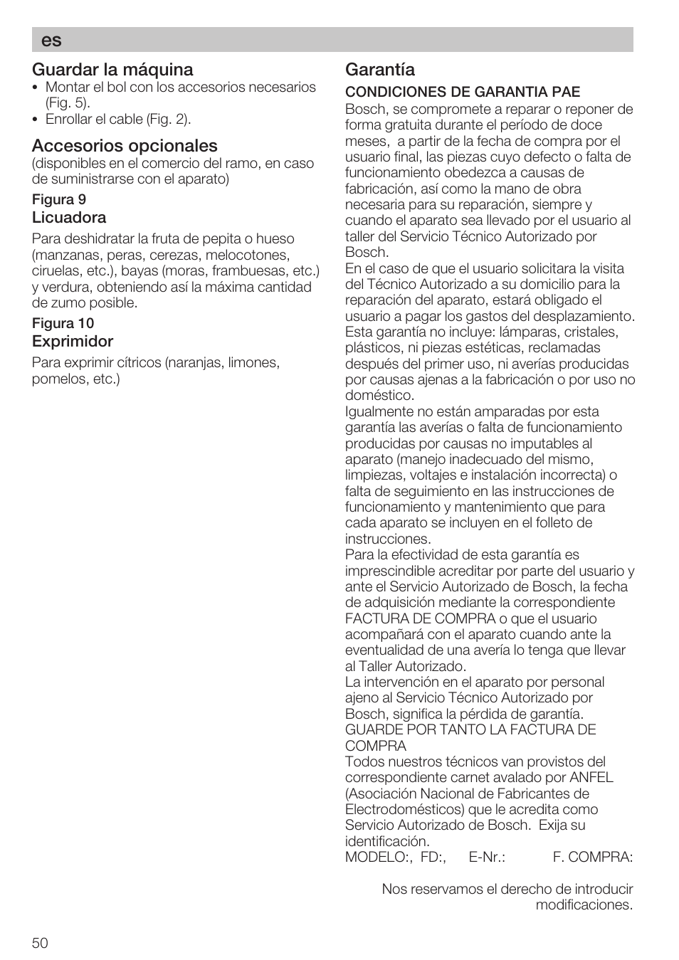 Guardar la máquina, Accesorios opcionales, Garantía | Bosch MCM 2006 User Manual | Page 52 / 95