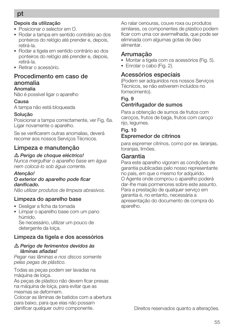 Procedimento em caso de anomalia, Limpeza e manutenção, Arrumação | Acessórios especiais, Garantia | Bosch MCM 2006 User Manual | Page 57 / 95