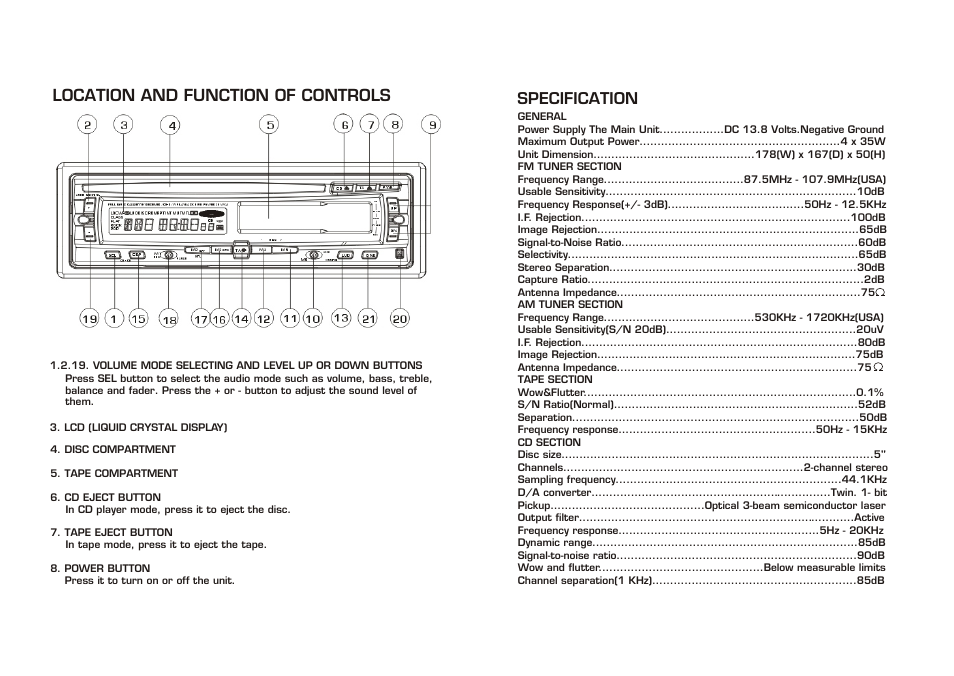 Location and function of controls, Specification | Legacy Car Audio LCDCS94 User Manual | Page 2 / 6