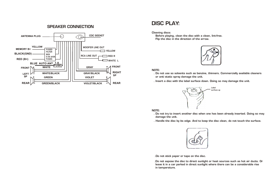 Disc play, Speaker connection | Legacy Car Audio LCDCS94 User Manual | Page 6 / 6