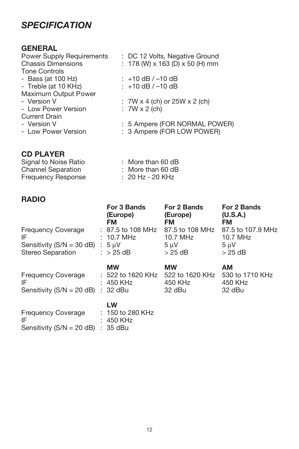 Specification | Legacy Car Audio Car CD Player User Manual | Page 12 / 13