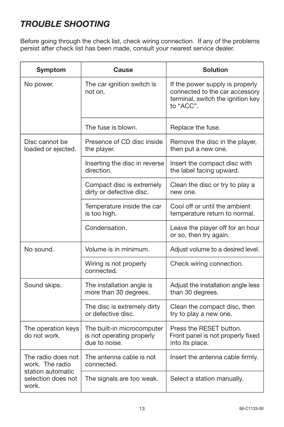 Trouble shooting | Legacy Car Audio Car CD Player User Manual | Page 13 / 13