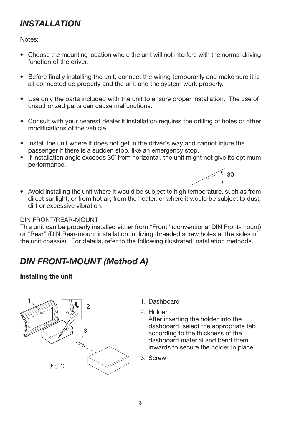 Installation, Din front-mount (method a) | Legacy Car Audio Car CD Player User Manual | Page 3 / 13