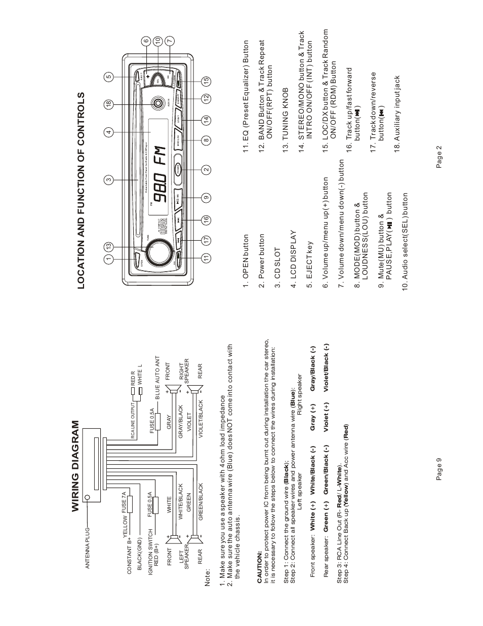 Locati on an d function of controls, Wiring diagram | Legacy Car Audio LCD17A User Manual | Page 3 / 6