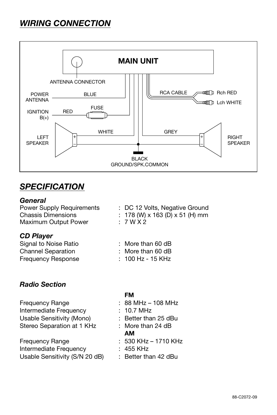 Wiring connection specification, Main unit, General | Cd player | Legacy Car Audio LCD36 User Manual | Page 8 / 8