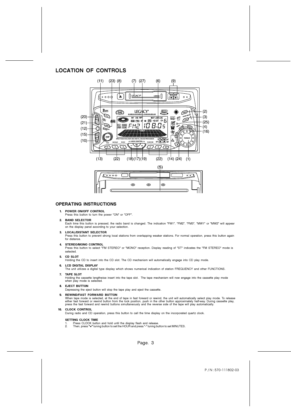 Location of controls, Page. 3, Operating instructions | Legacy Car Audio LCDCS92 User Manual | Page 3 / 6