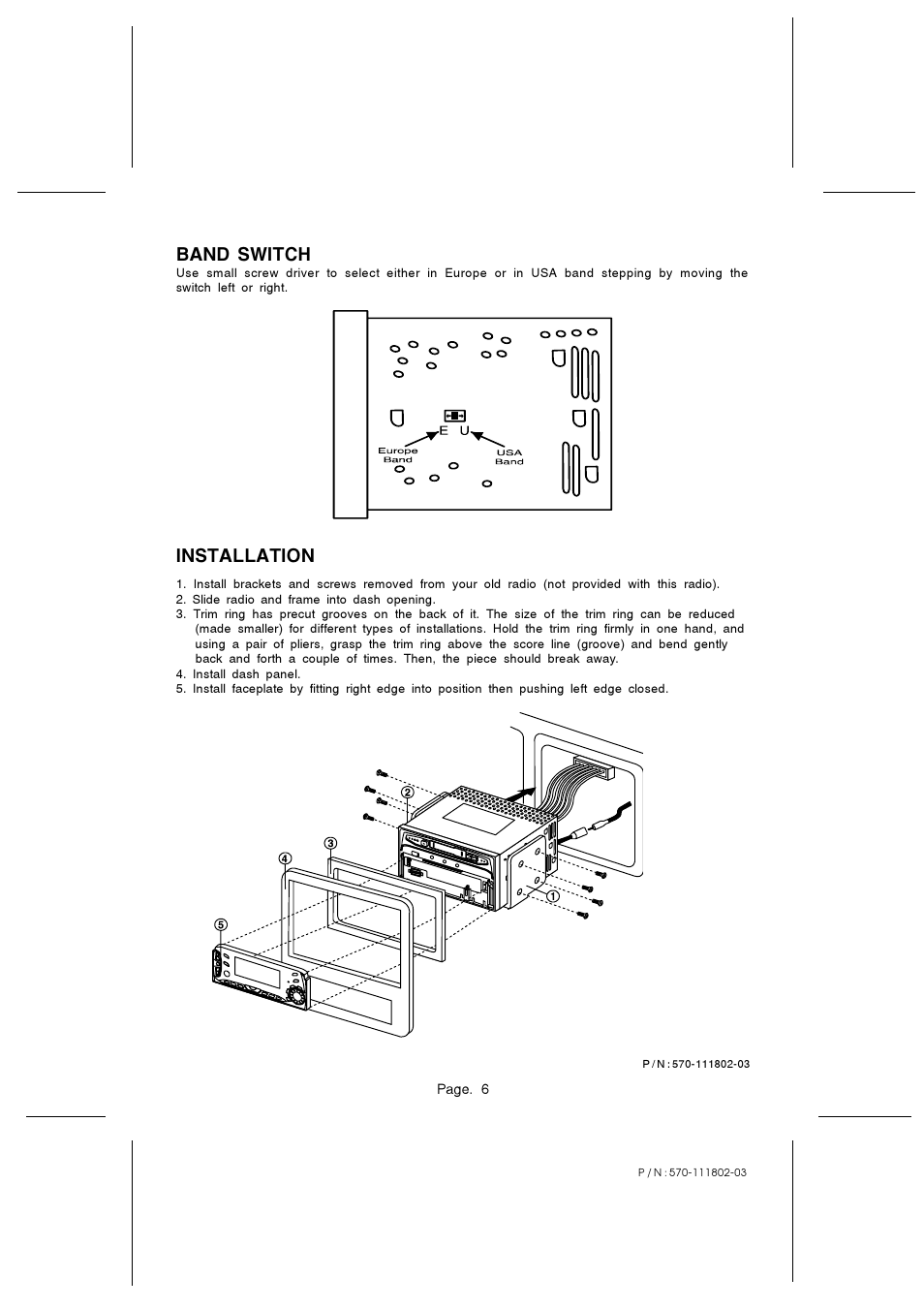 Band switch, Installation | Legacy Car Audio LCDCS92 User Manual | Page 6 / 6