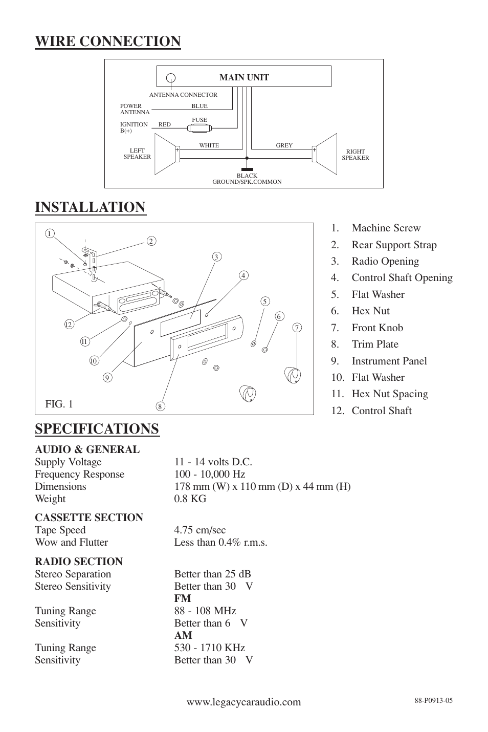 Wire connection installation specifications | Legacy Car Audio LR121SX User Manual | Page 4 / 4