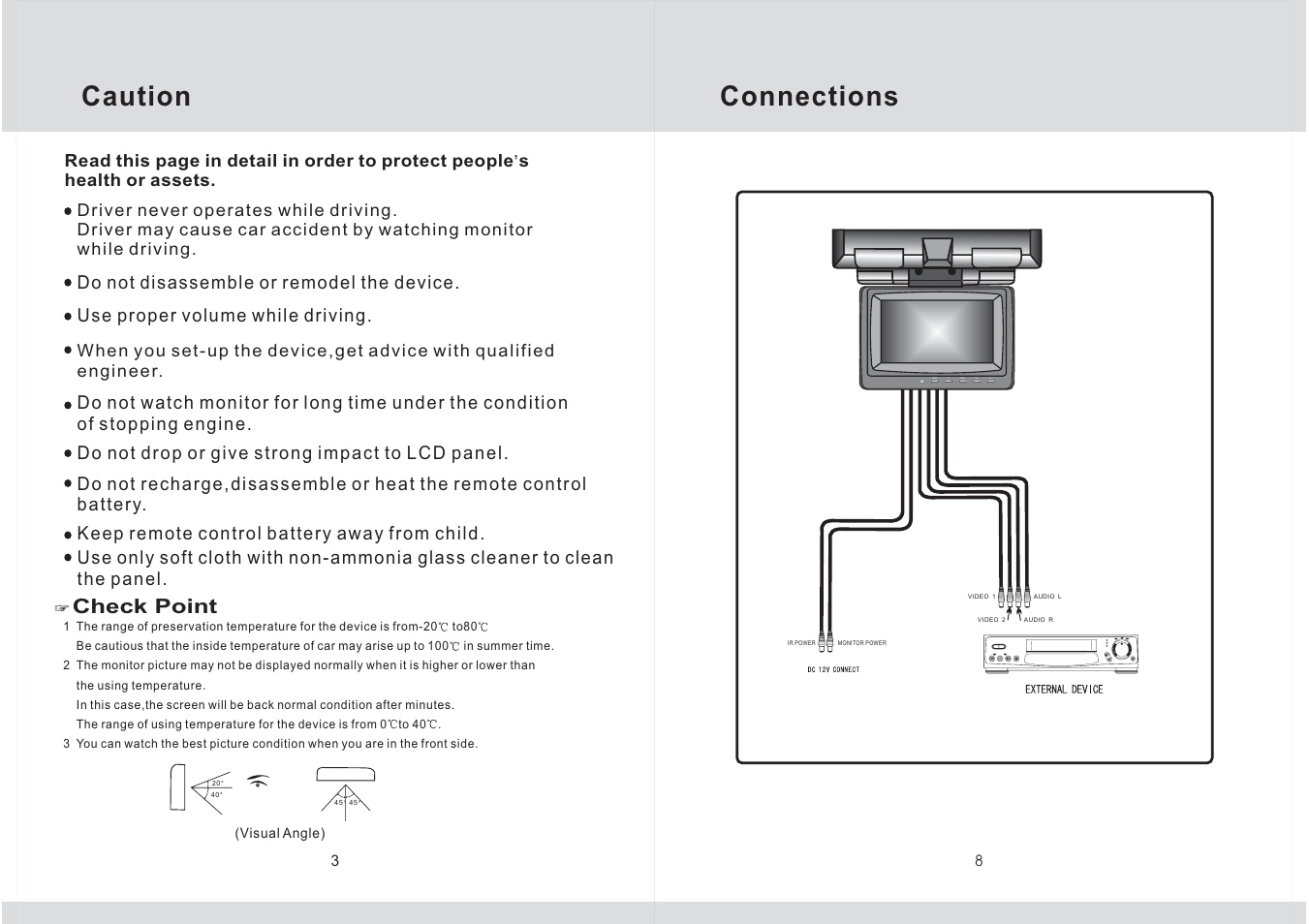 Caution, Connections, Check point | Av power menu vol- vol | Legacy Car Audio LSWR72IR User Manual | Page 4 / 6