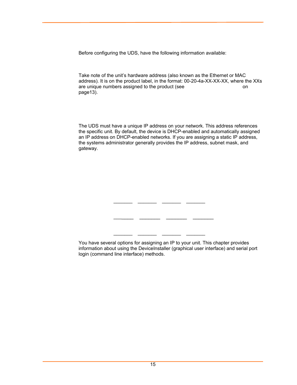 Required information, Hardware address, Ip address | Lantronix UDS100 User Manual | Page 15 / 78