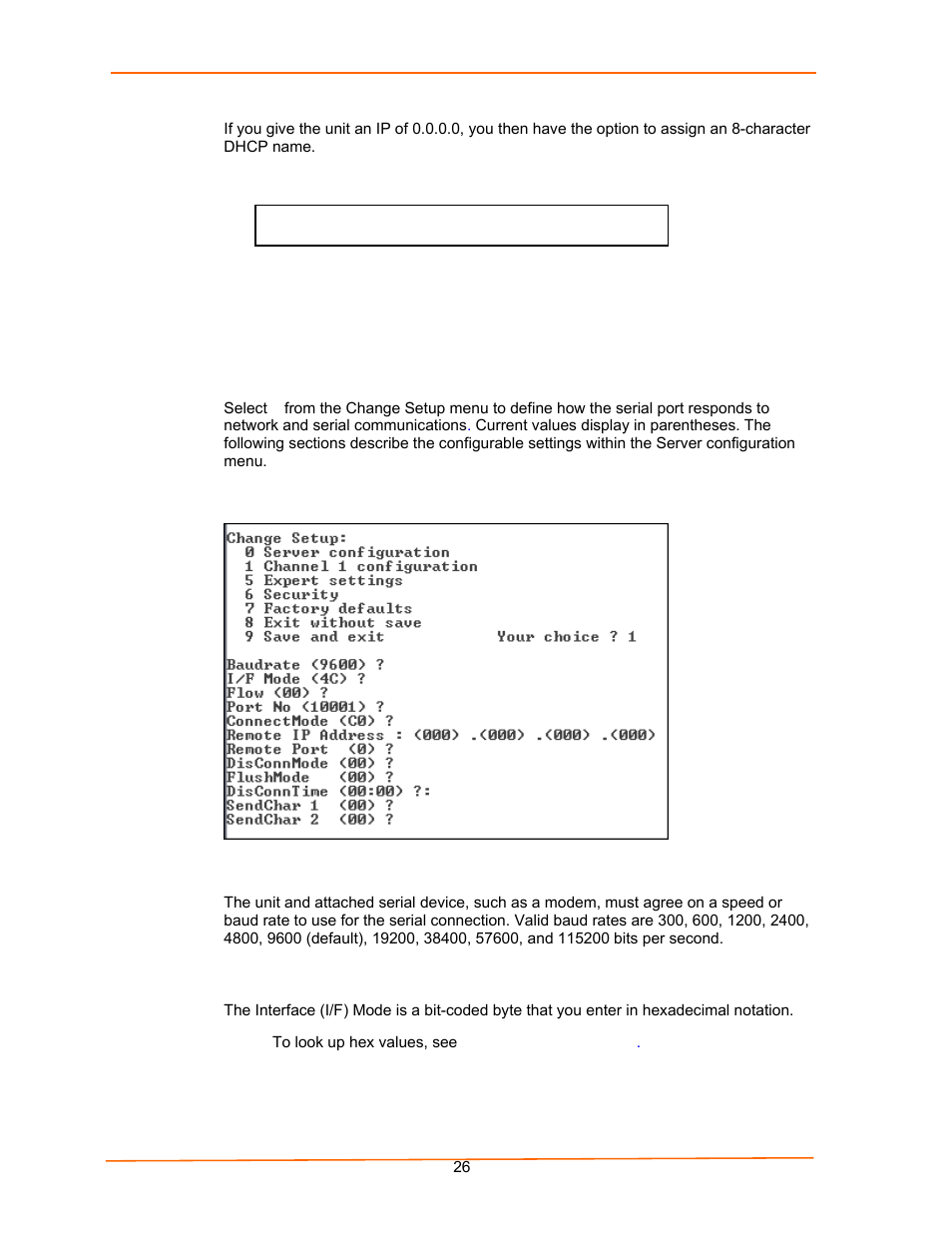 Channel 1 configuration (serial port settings), Baudrate, I/f (interface) mode | Figure 5-4. server configuration option, Figure 5-5. channel 1 configuration | Lantronix UDS100 User Manual | Page 26 / 78