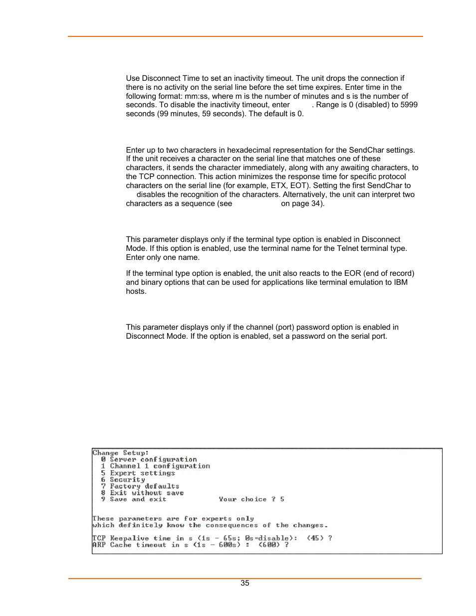 Disconnect time (inactivity timeout), Send characters, Telnet terminal type | Channel (port) password, Expert settings, Figure 5-7. expert settings options | Lantronix UDS100 User Manual | Page 35 / 78