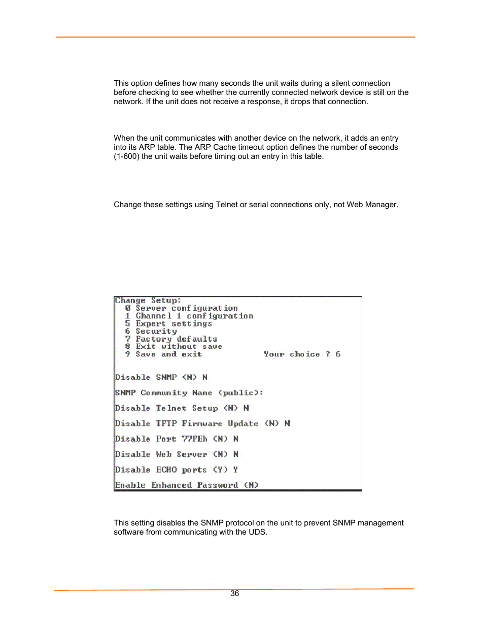 Tcp keepalive time in s, Arp cache timeout in s, Security settings | Disable snmp, Figure 5-8. security settings | Lantronix UDS100 User Manual | Page 36 / 78