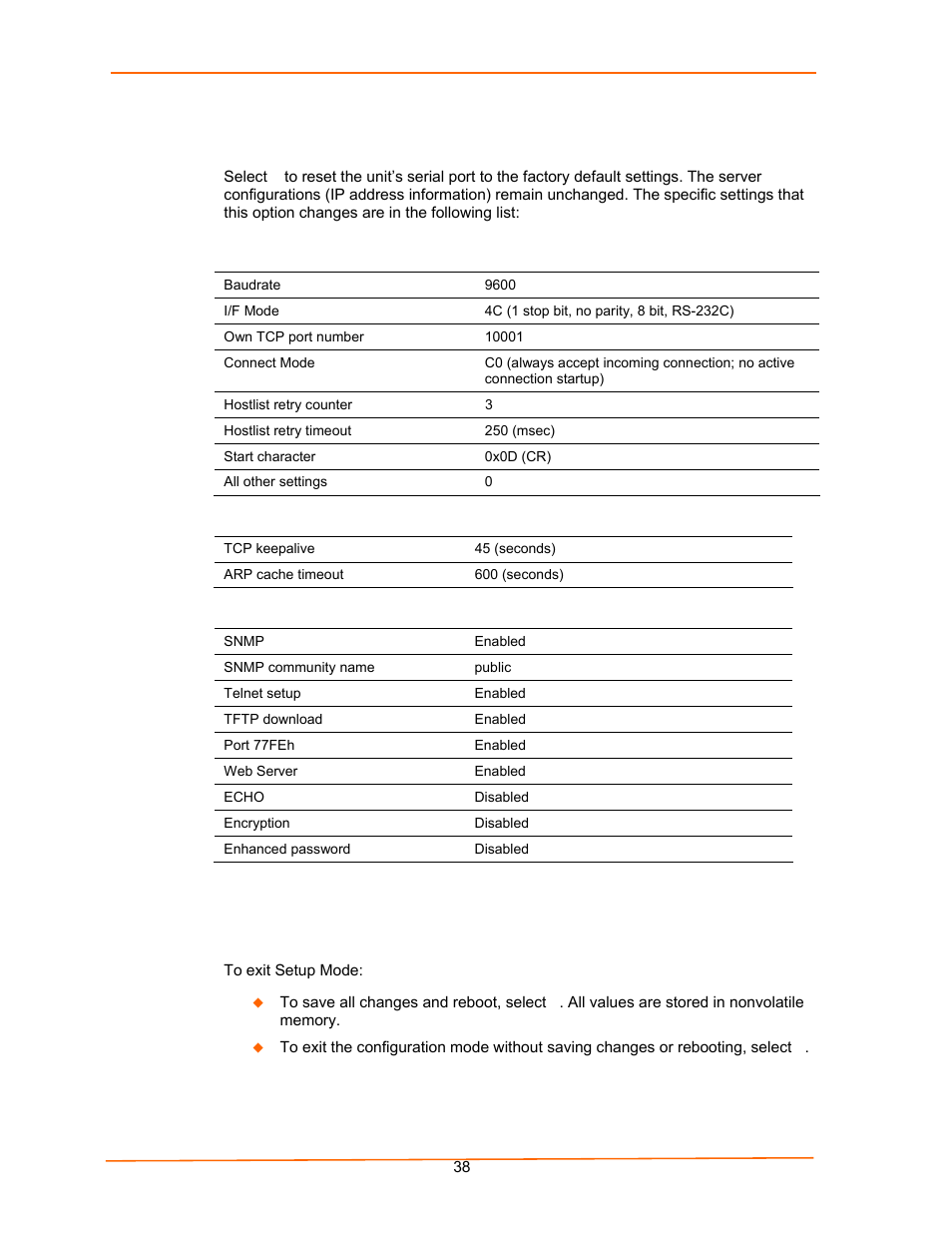 Factory default settings, Channel 1 configuration defaults, Expert settings defaults | Security settings defaults, Exit configuration mode | Lantronix UDS100 User Manual | Page 38 / 78