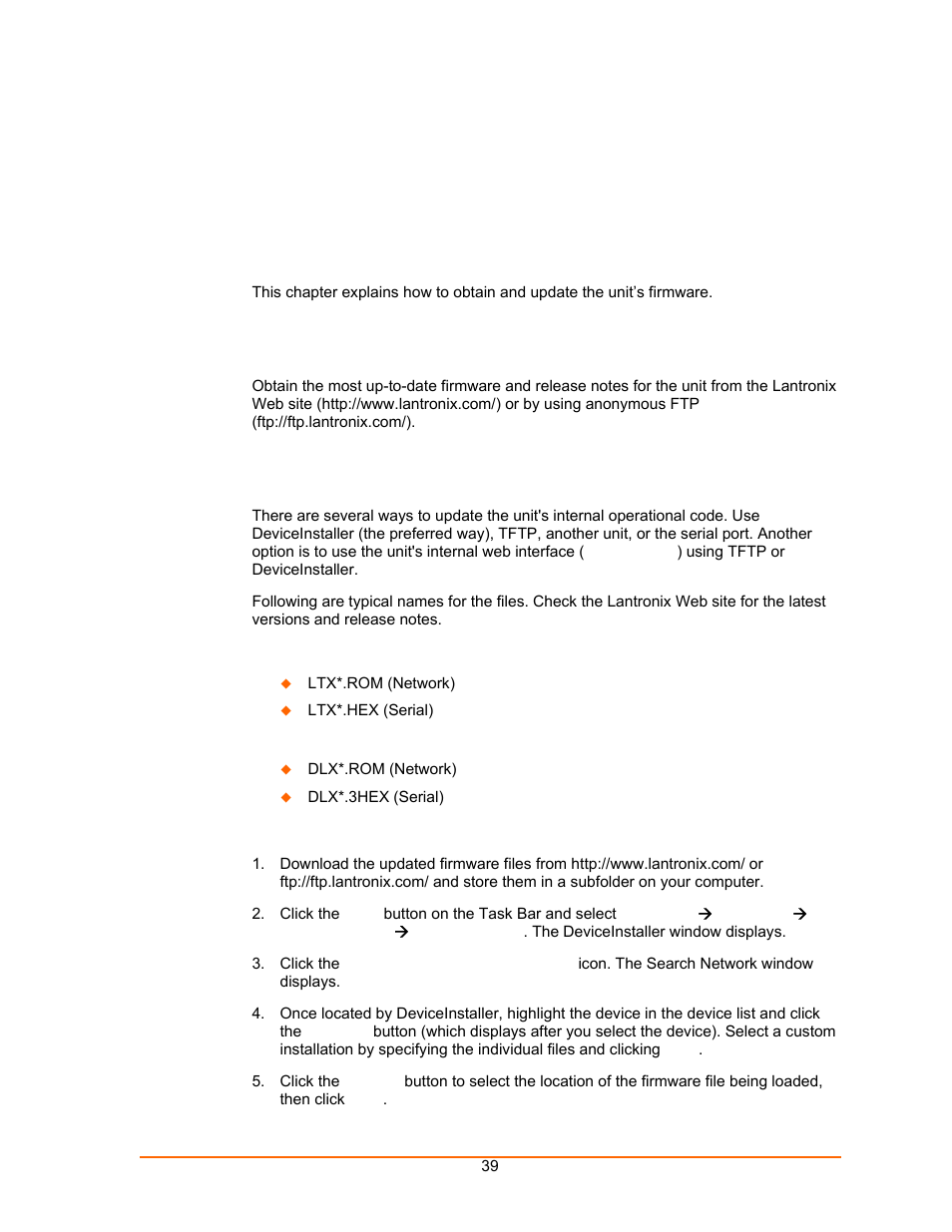 Updating firmware, Obtaining firmware, Reloading firmware | Using deviceinstaller | Lantronix UDS100 User Manual | Page 39 / 78