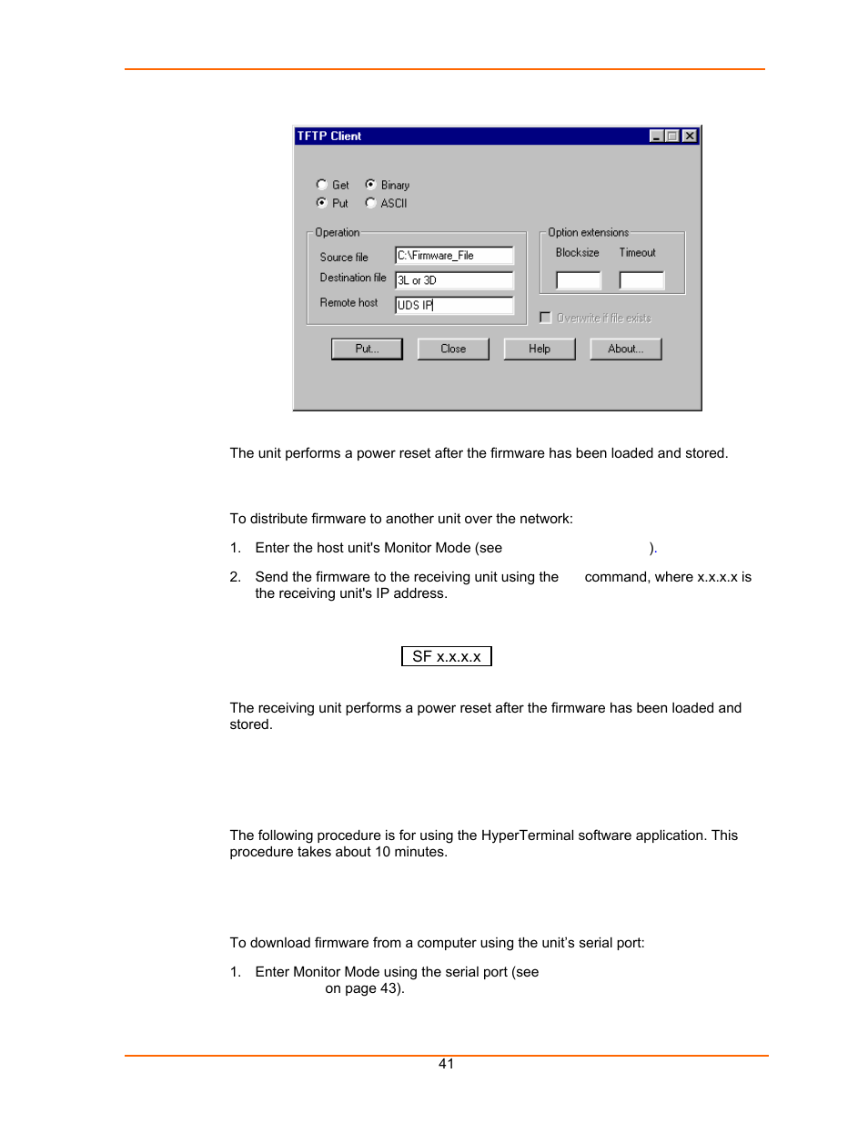 Using another unit, Using the serial port, Figure 6-1. tftp dialog box | Figure 6-2. sending firmware to another unit | Lantronix UDS100 User Manual | Page 41 / 78